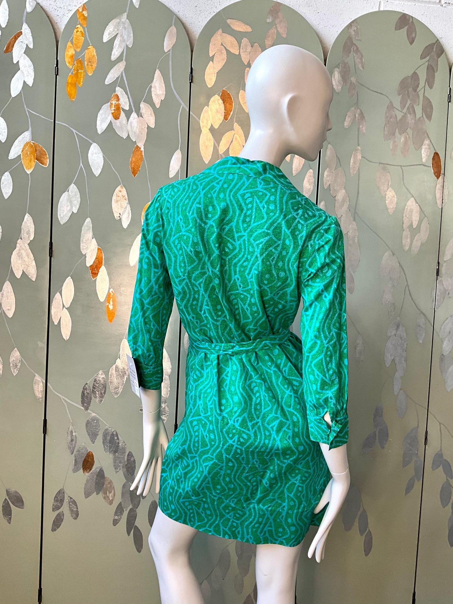 Vintage 1960s Green Abstract Print Cotton Short Tunic Dress, S/M