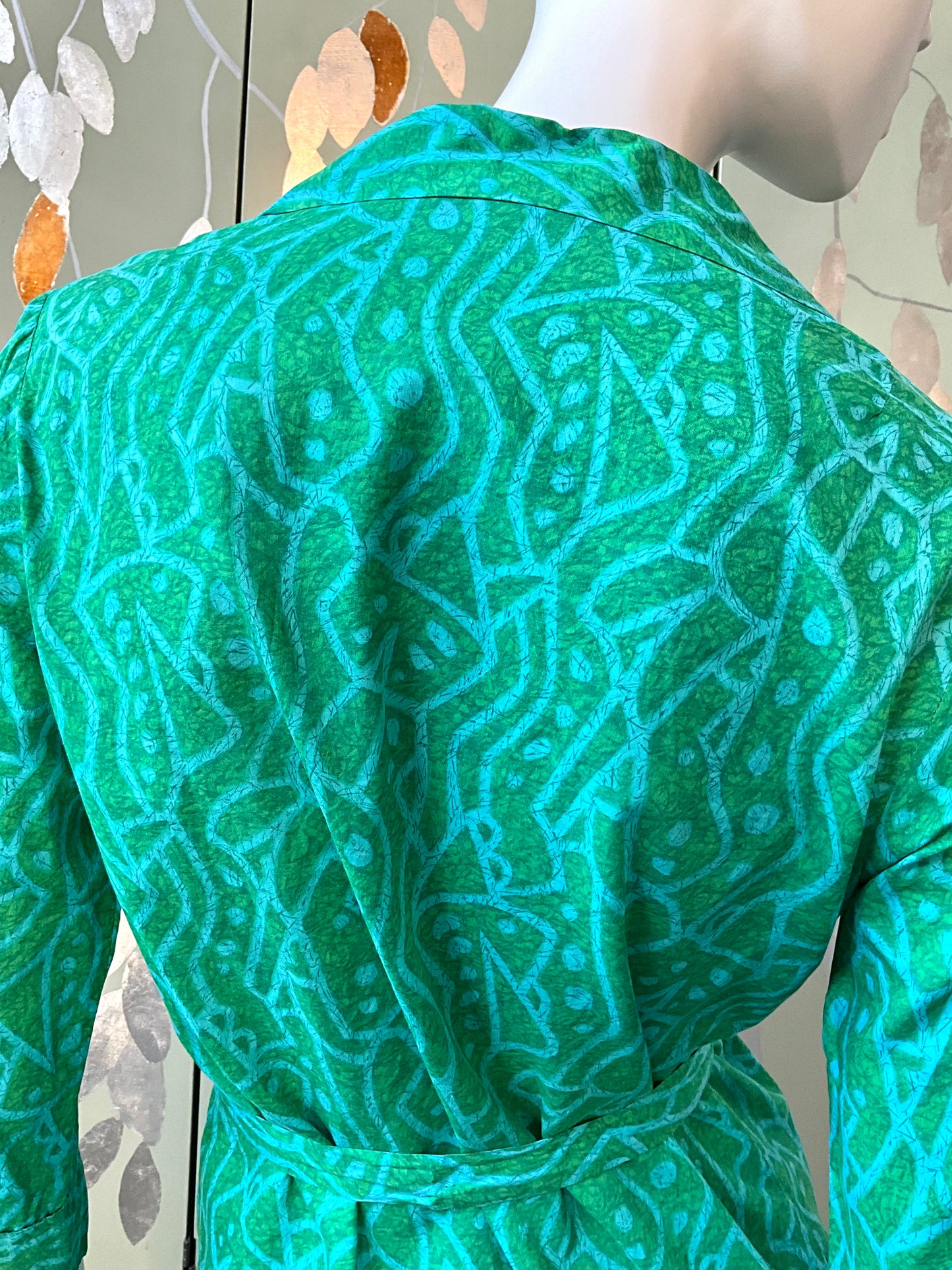 Vintage 1960s Green Abstract Print Cotton Short Tunic Dress, S/M