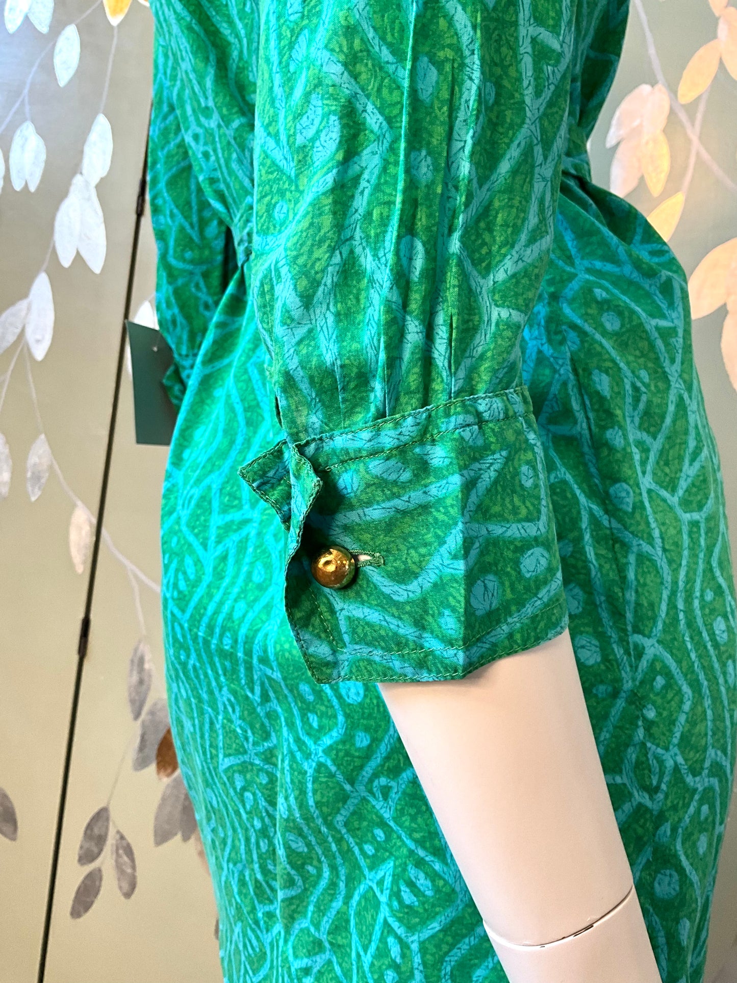 Vintage 1960s Green Abstract Print Cotton Short Tunic Dress, S/M