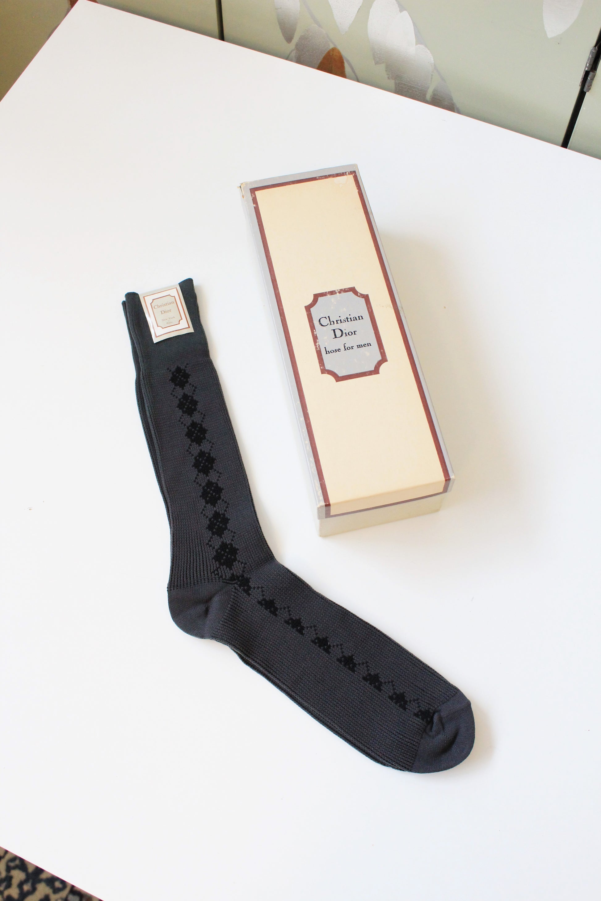 80s/90s Deadstock Christian Dior Grey Argyle Nylon Socks, Size 10-13, Multiples