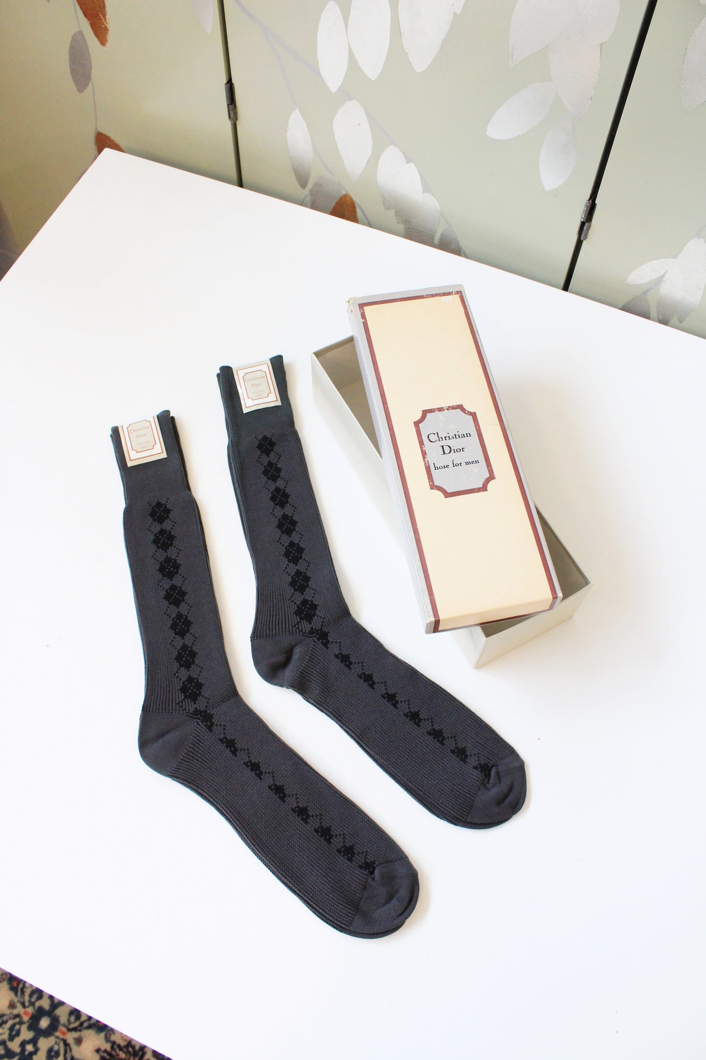 80s/90s Deadstock Christian Dior Grey Argyle Nylon Socks, Size 10-13, Multiples