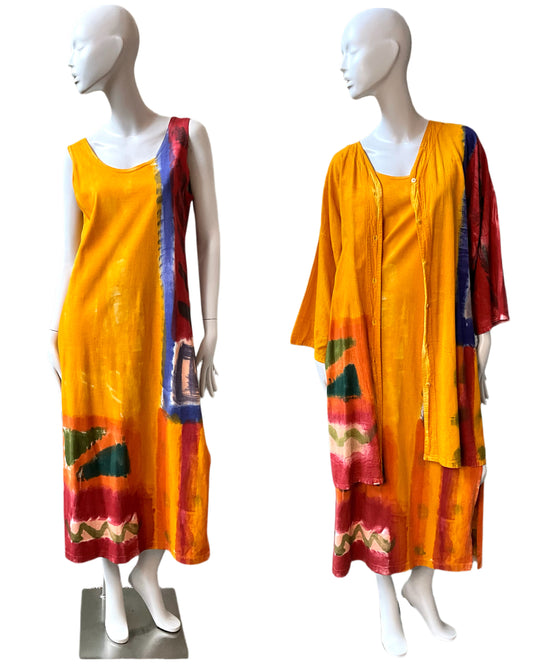Vintage 1990s Orange Yellow Hand Painted Cotton Maxi Dress and Jacket, Large