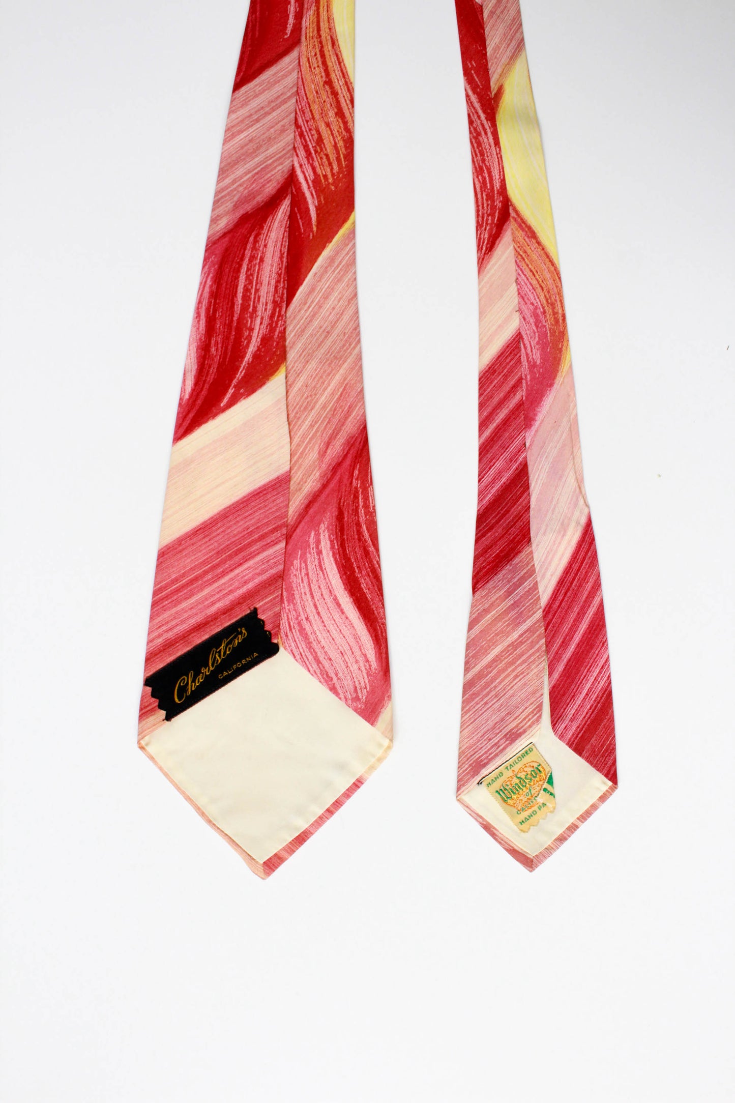1940s red and yellow abstract hand painted wide tongue rayon necktie