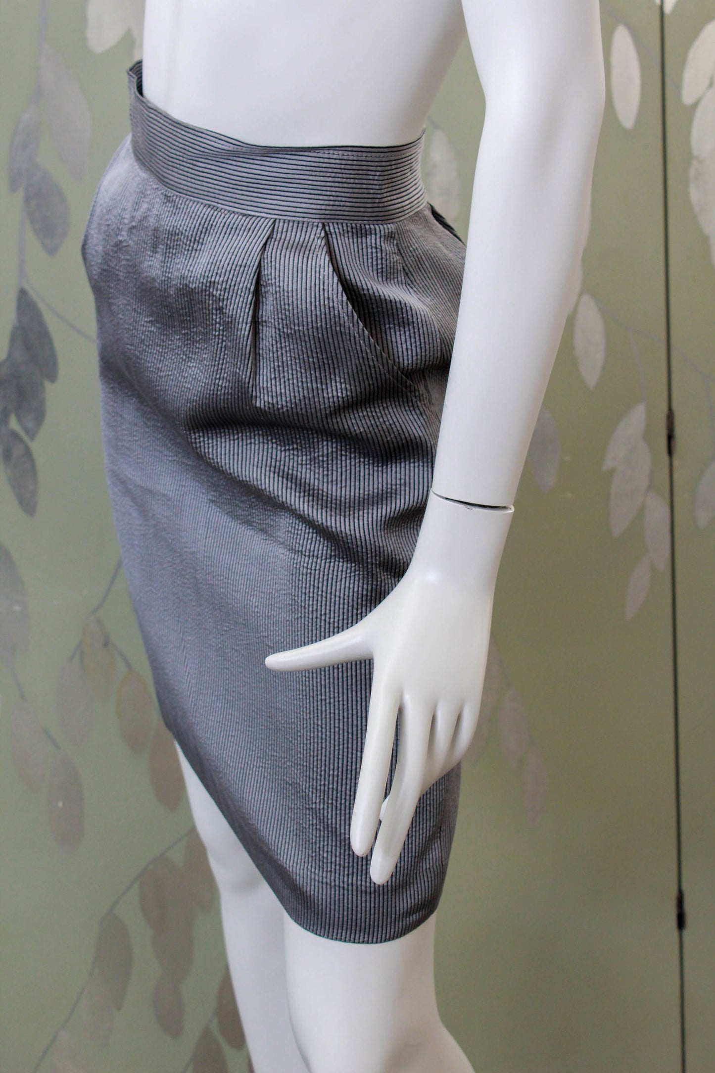 1990s harriet selling silk pencil skirt with pockets, high waisted, grey and black pinstripe