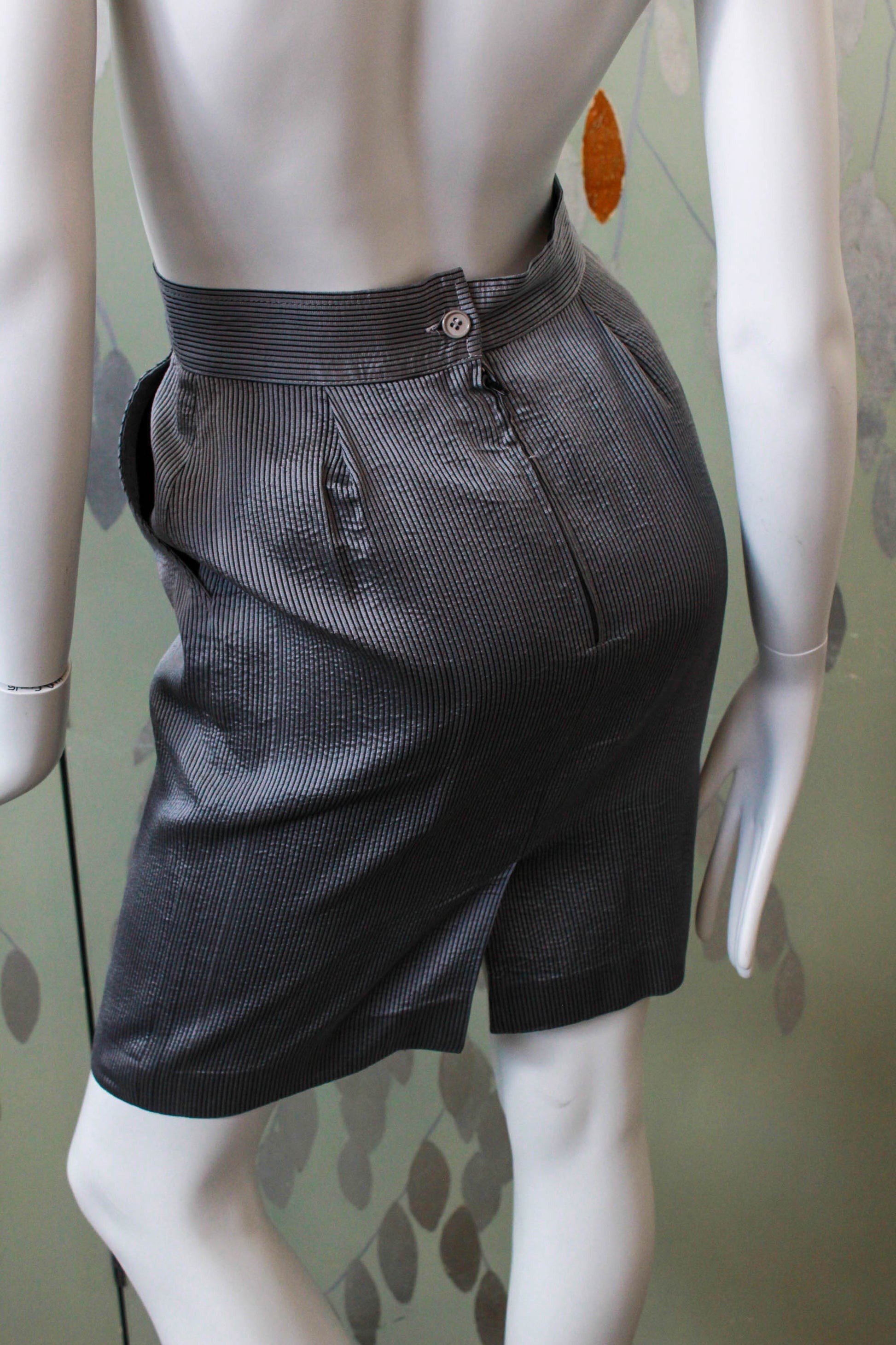 1990s harriet selling silk pencil skirt with pockets, high waisted, grey and black pinstripe