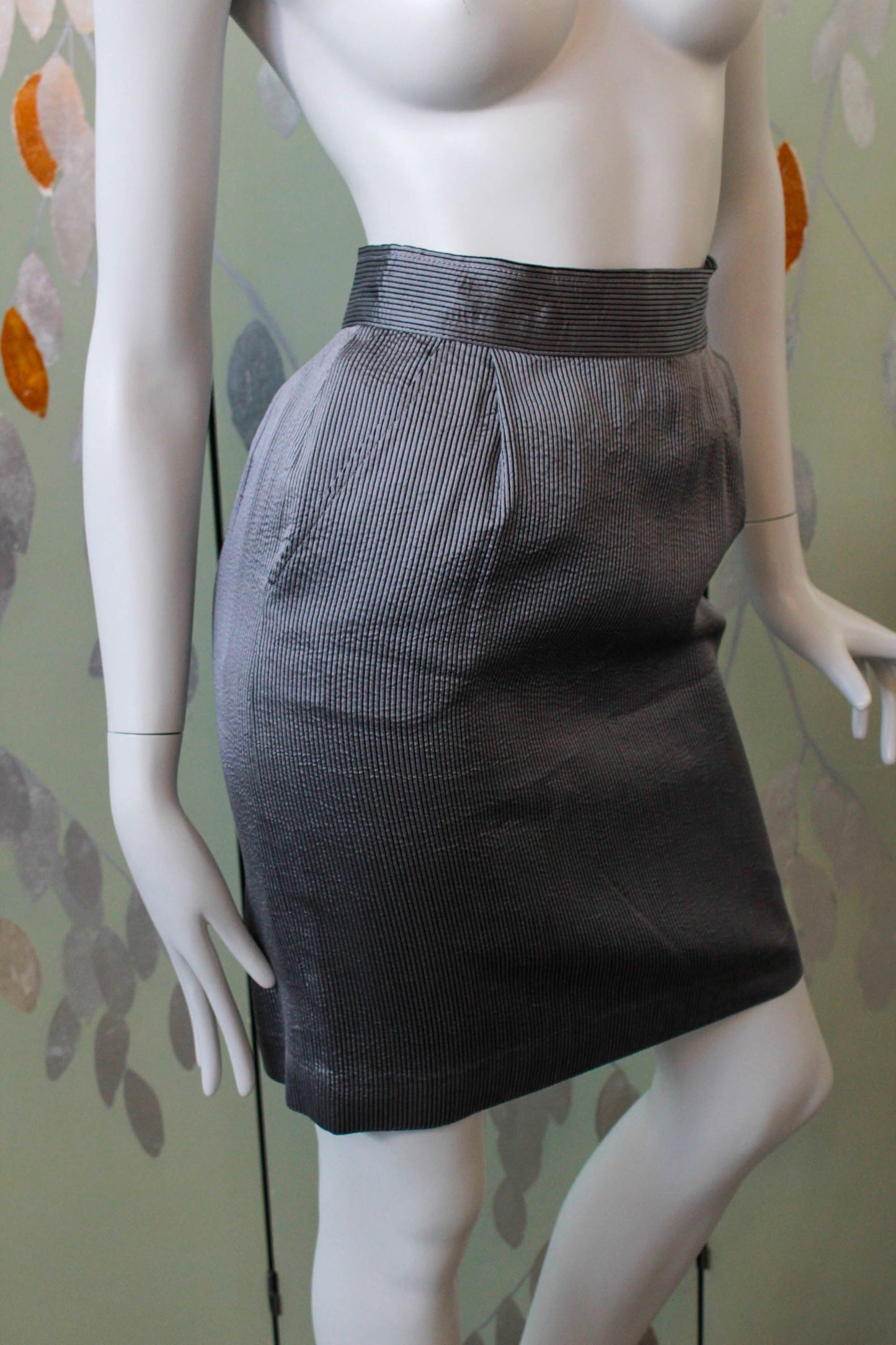 1990s harriet selling silk pencil skirt with pockets, high waisted, grey and black pinstripe