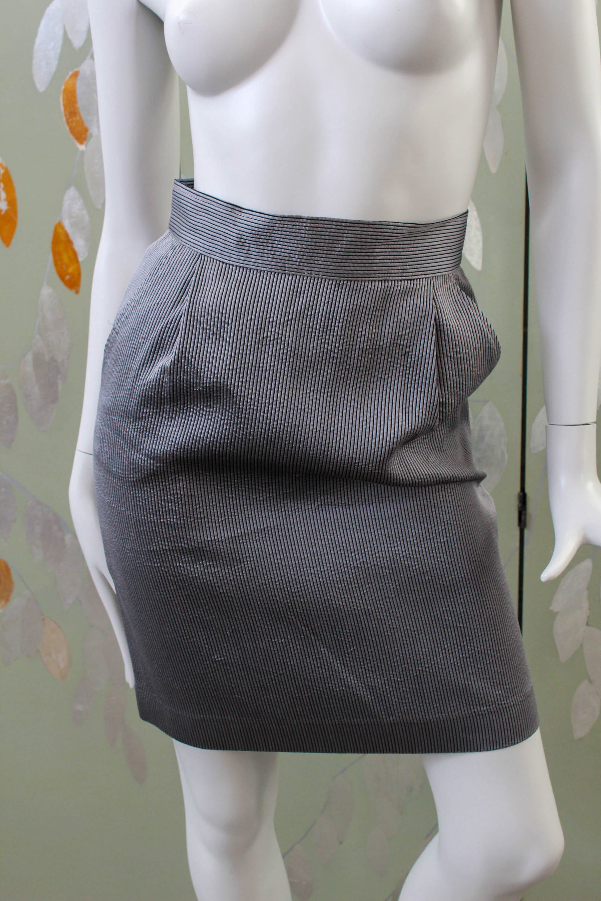 1990s harriet selling silk pencil skirt with pockets, high waisted, grey and black pinstripe