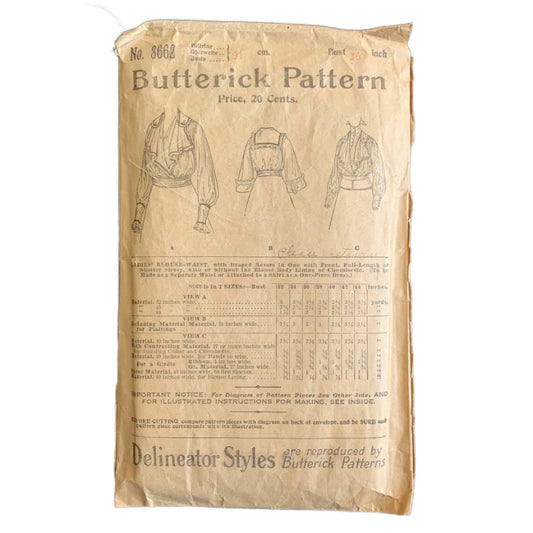 1890s Late Victorian Women's Blouse Sewing Pattern, Butterick 8662