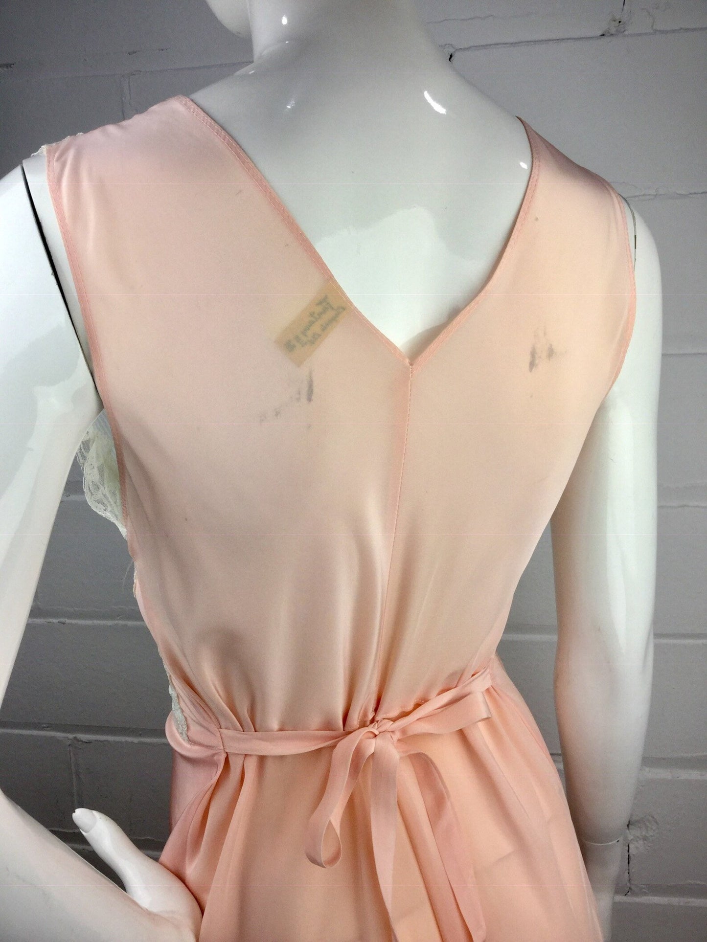 1950s Pink Nightgown with Sheer Ribbed Lace Bodice and Self Belt, Small, Vintage Slip Dress Lounge Dress, 1950s Fantasy Lingerie Ltd