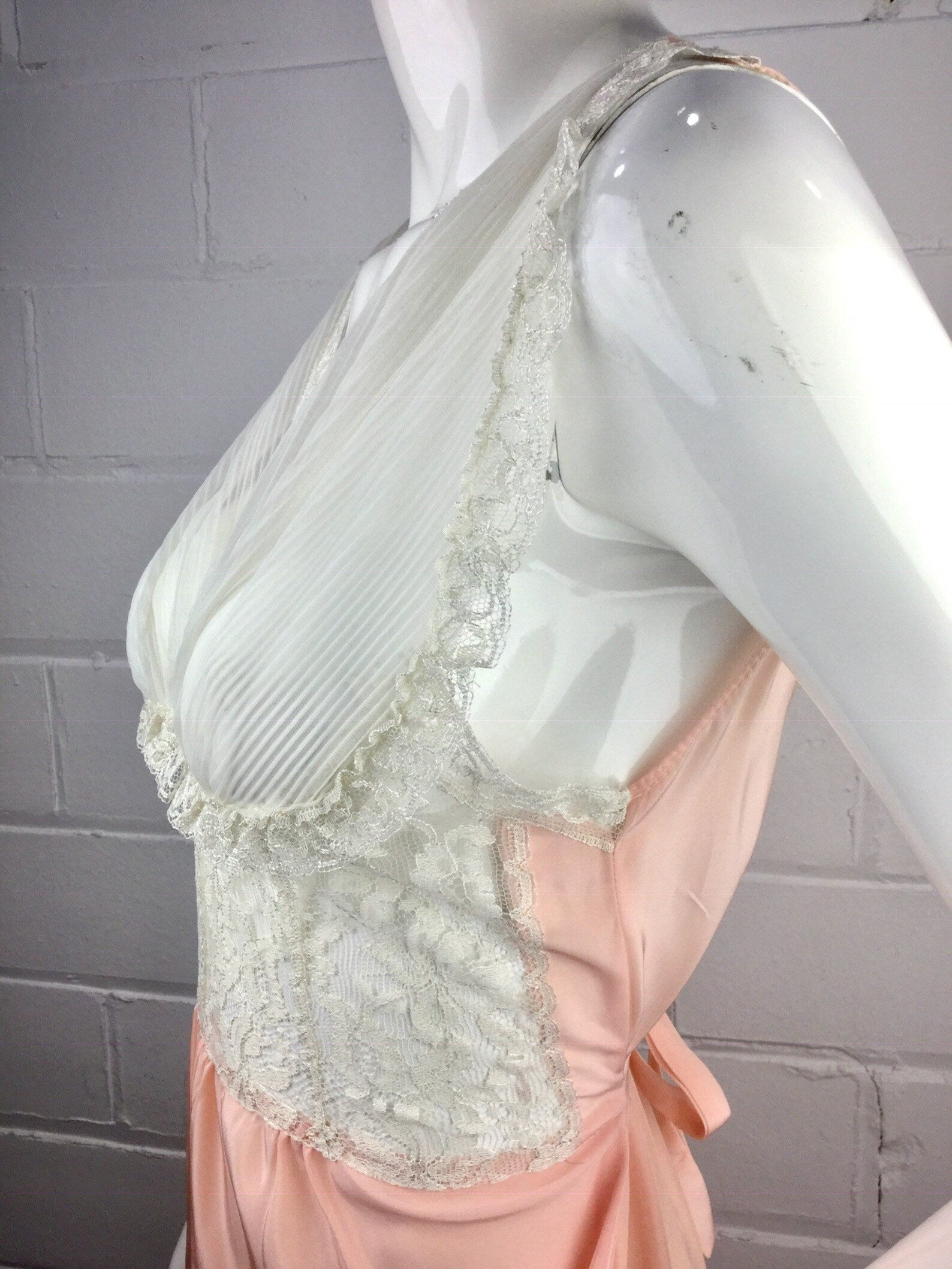 Vintage 1950s Pink Nightgown with Sheer Ribbed Lace Bodice and Self Belt, Small Vintage 1950s Pink Nightgown with Sheer Ribbed Lace Bodice and Self Belt, Small