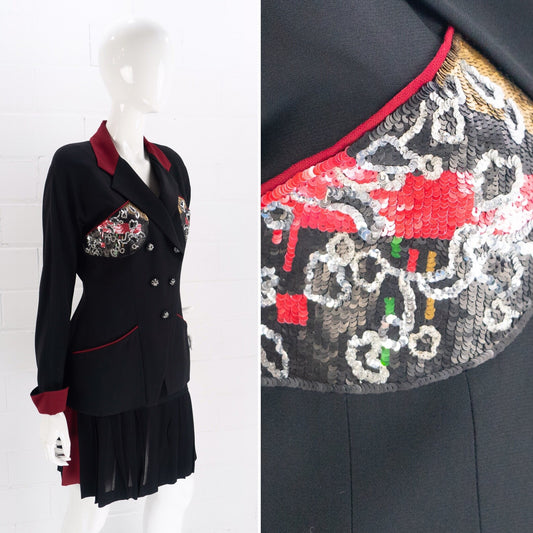 Vintage 1990s Karl Lagerfeld Black & Red Sequin Skirt Suit, Small 