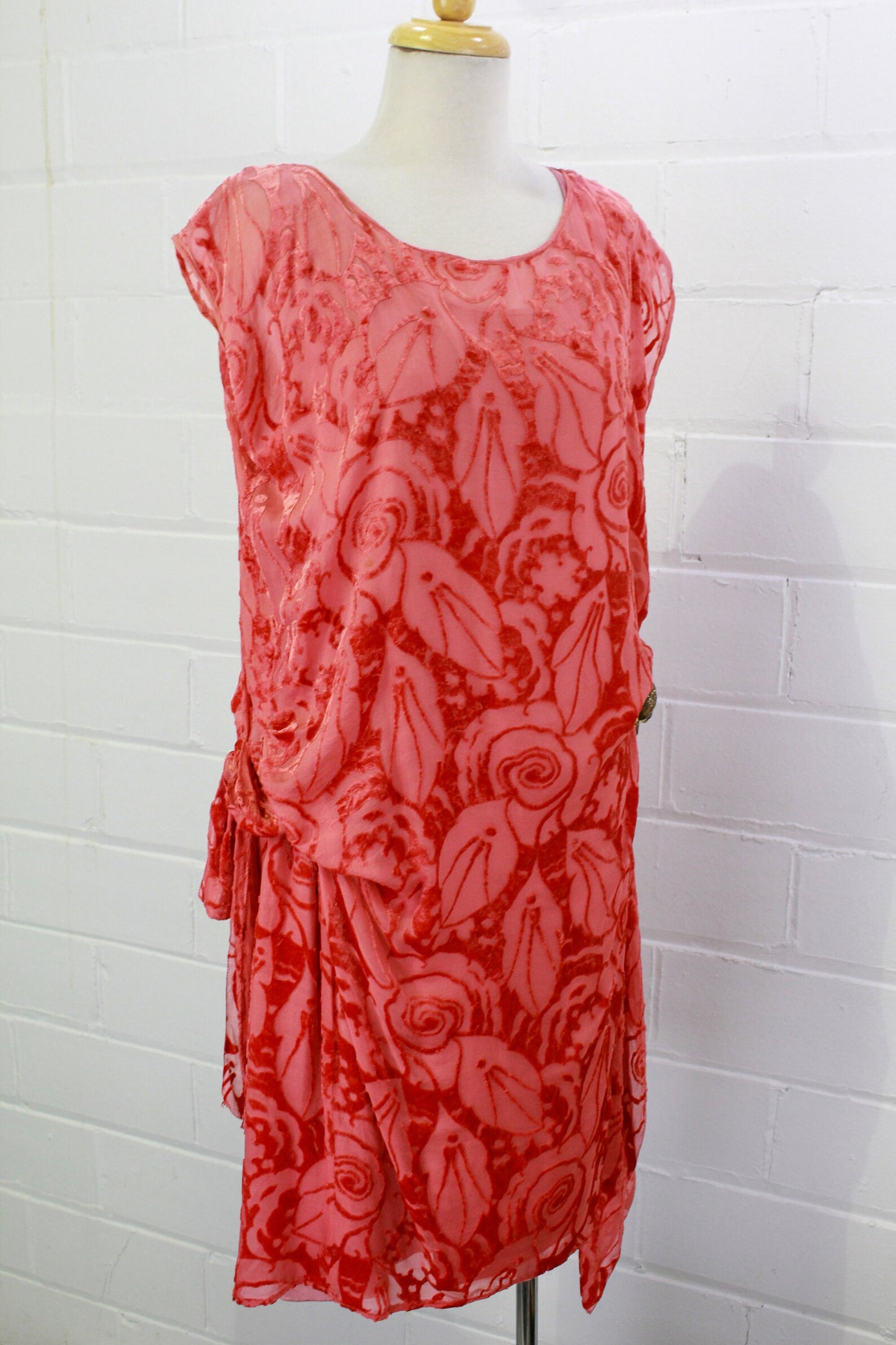 1920s Coral Silk Devore Velvet Dress with Rosette, Bust 36"