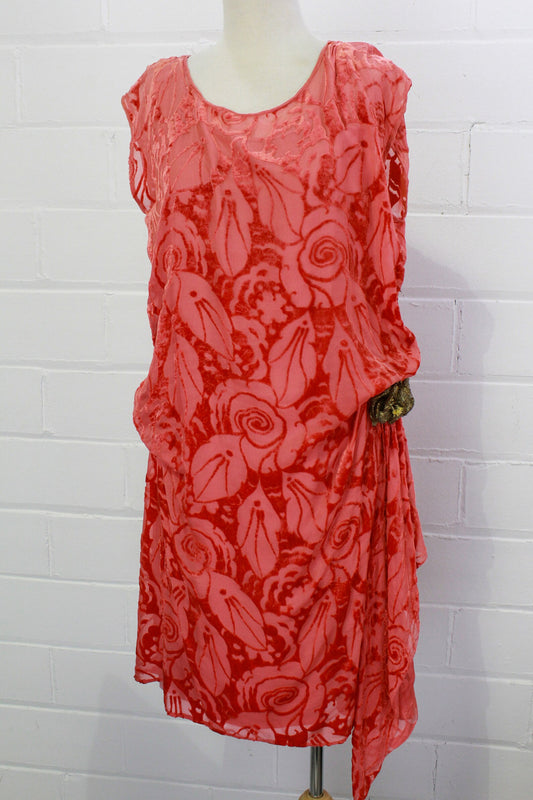 1920s Coral Silk Devore Velvet Dress with Rosette, Bust 36"
