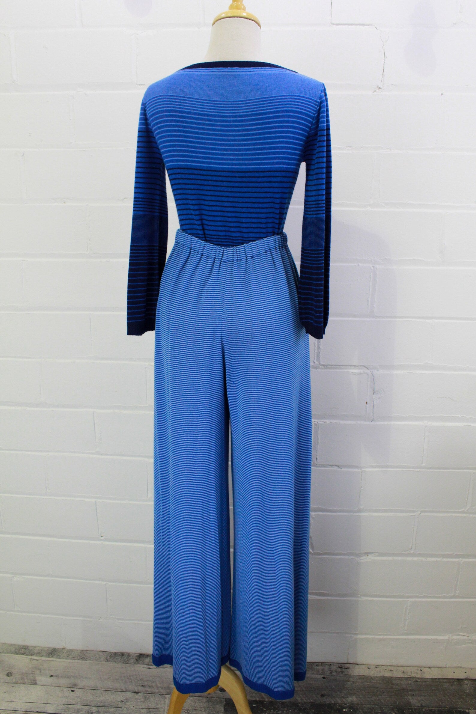 1970s Givenchy Lounge Set, Silk Knit Blend Blue Striped Long Sleeve Top and Wide Leg Pants, 70s Lounge Set, Vintage Loungewear, WFH Outfit