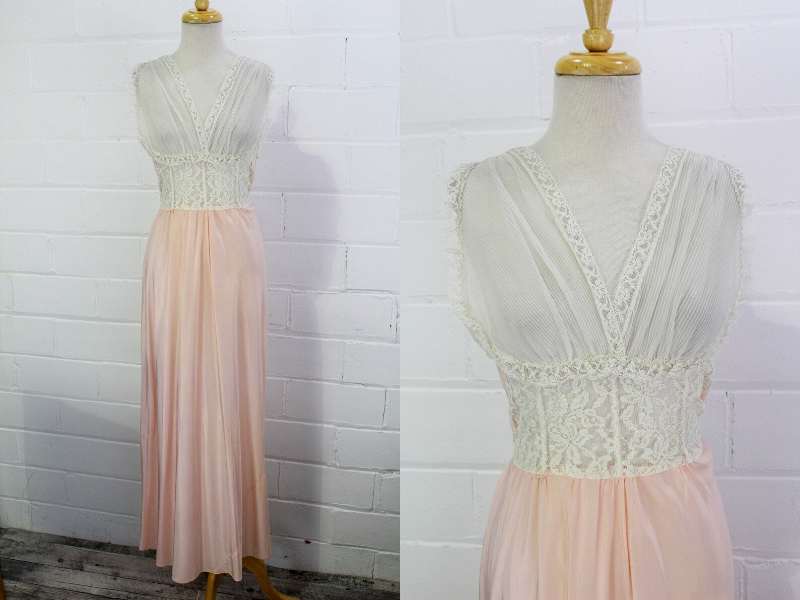 1950s Pink Nightgown with Sheer Ribbed Lace Bodice and Self Belt, Small, Vintage Slip Dress Lounge Dress, 1950s Fantasy Lingerie Ltd