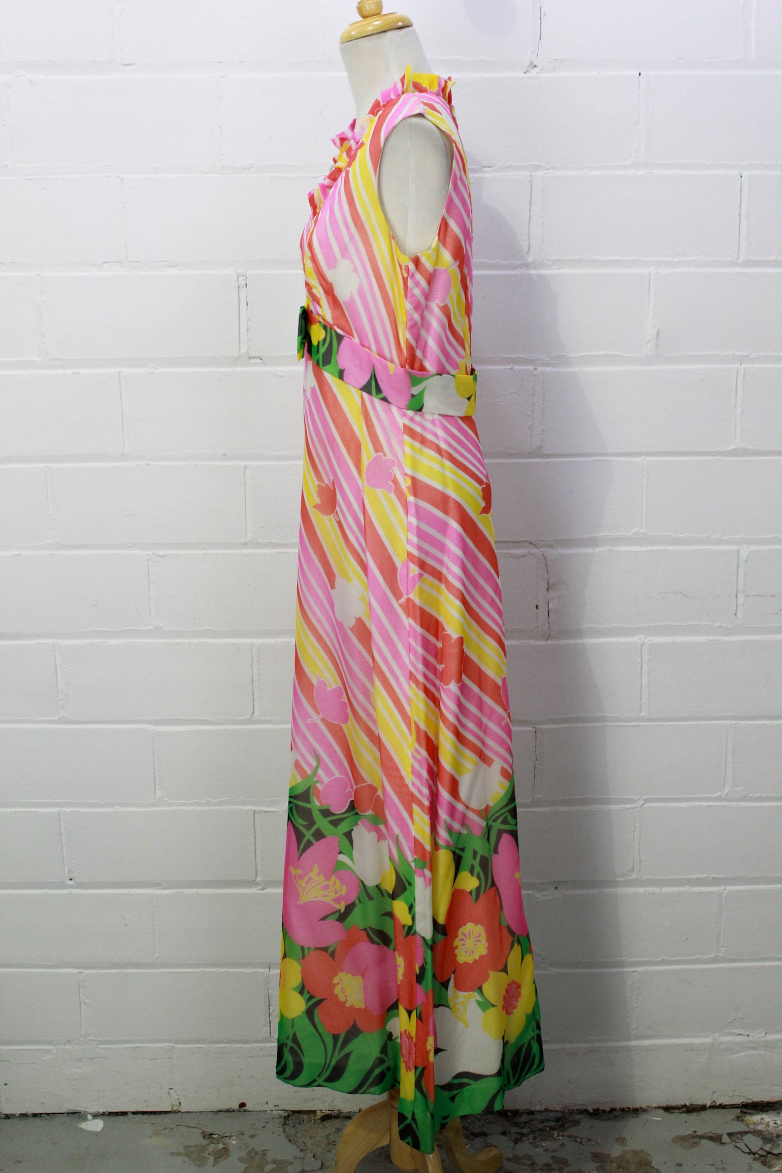 Vintage 1960s Pink Yellow Floral Sleeveless Empire Maxi Dress, Ruffle Neckline, Medium 