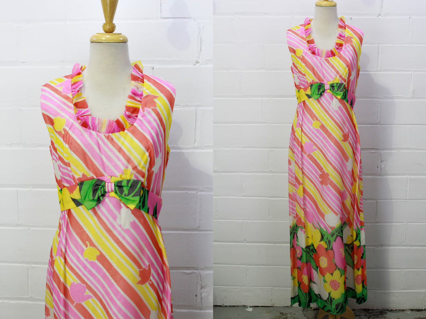 Vintage 1960s Pink Yellow Floral Sleeveless Empire Maxi Dress, Ruffle Neckline, Medium 