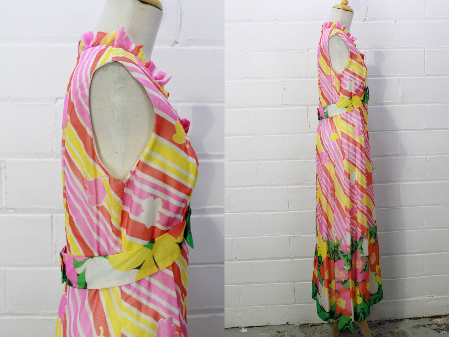 Vintage 1960s Pink Yellow Floral Sleeveless Empire Maxi Dress, Ruffle Neckline, Medium 