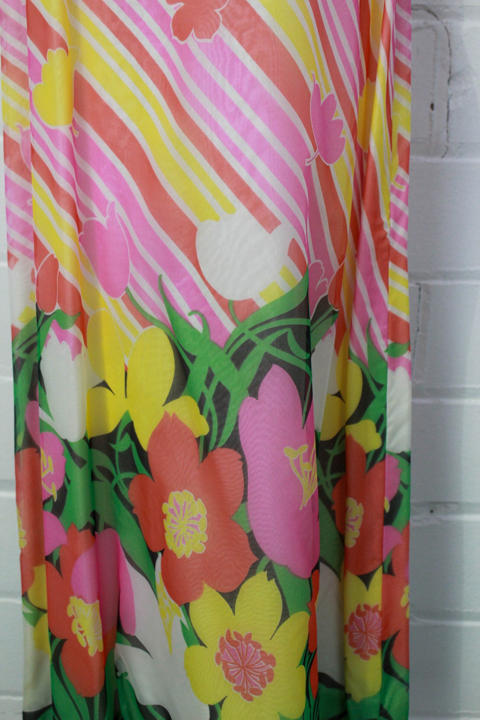 Vintage 1960s Pink Yellow Floral Sleeveless Empire Maxi Dress, Ruffle Neckline, Medium 