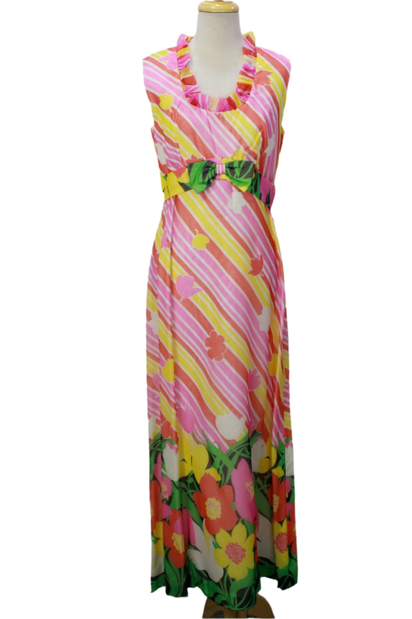 Vintage 1960s Pink Yellow Floral Sleeveless Empire Maxi Dress, Ruffle Neckline, Medium 