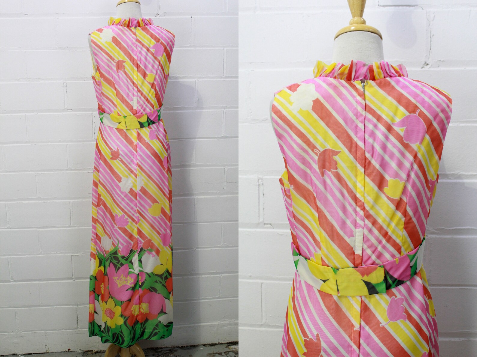 Vintage 1960s Pink Yellow Floral Sleeveless Empire Maxi Dress, Ruffle Neckline, Medium 