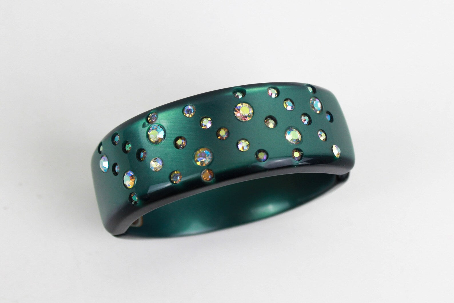 1960s Lucite Clamp Bracelet, Vintage 60s Deep Green Metallic/Aurora Borealis Crystal Encrusted Cuff