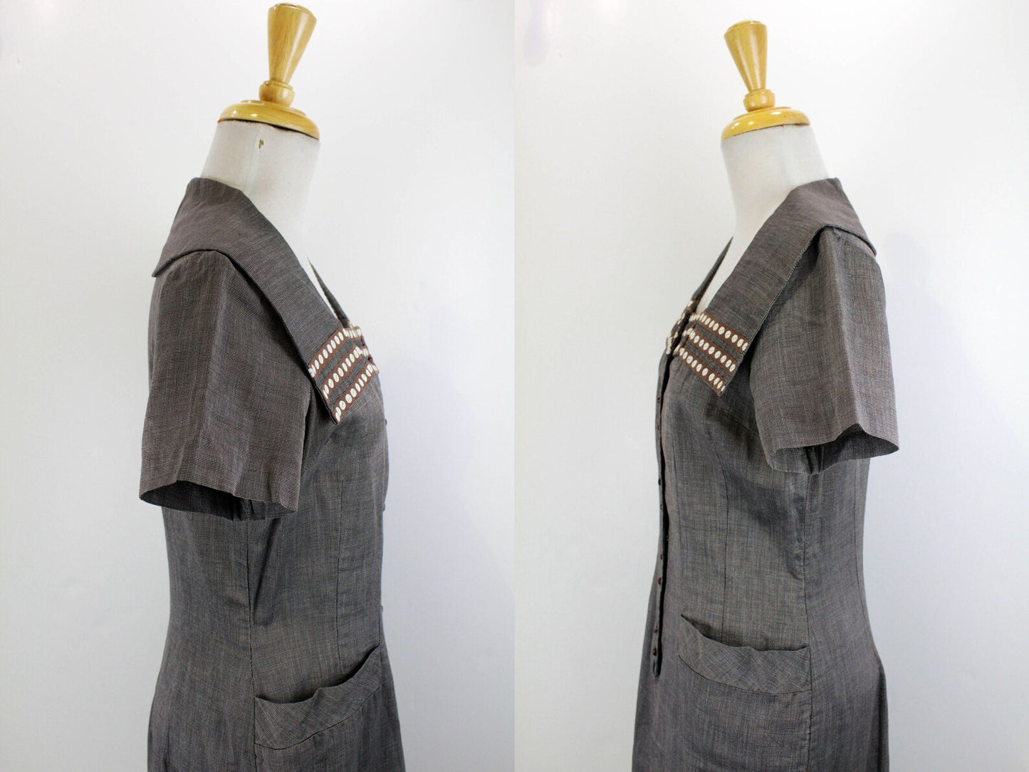 Vintage 1950s Brown Check Shirt Dress with Collar and Burgundy Buttons, Medium