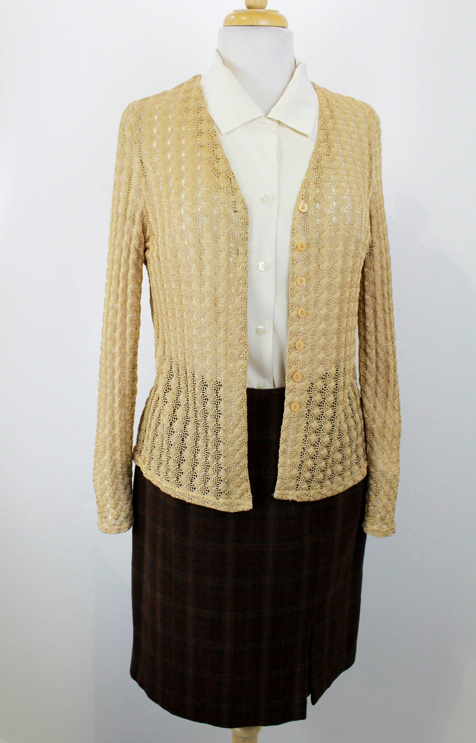 Vintage 1990s Dorothy Perkins Golden Crochet Cardigan, XS