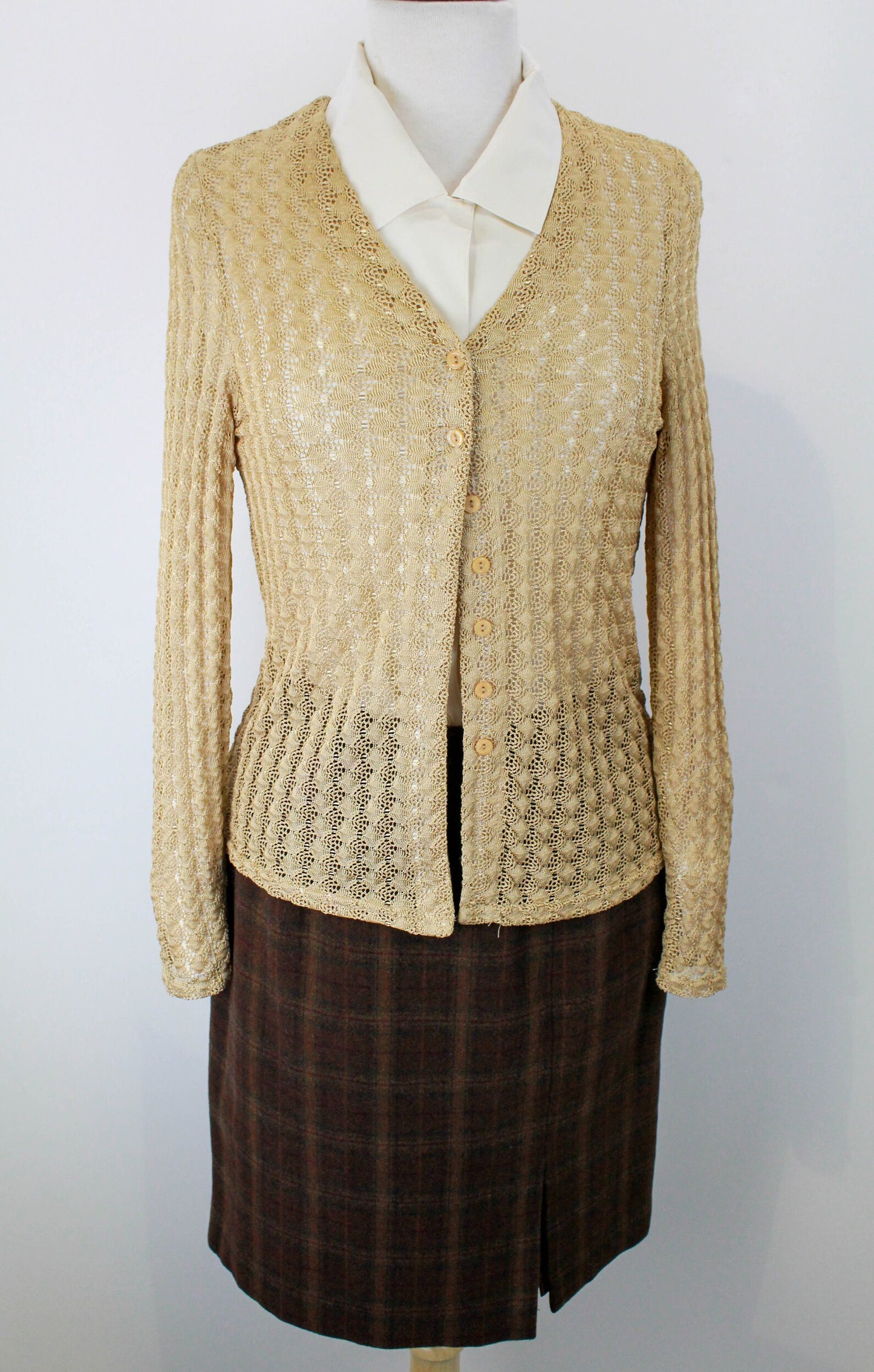 Vintage 1990s Dorothy Perkins Golden Crochet Cardigan, XS