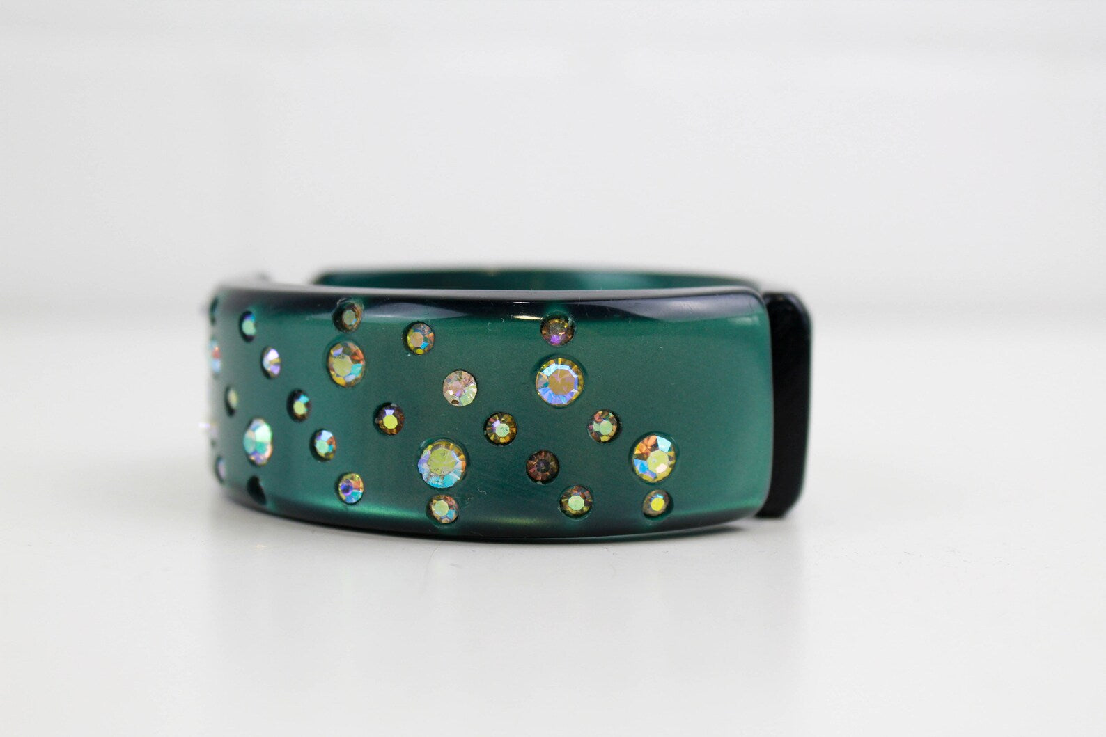 1960s Lucite Clamp Bracelet, Vintage 60s Deep Green Metallic/Aurora Borealis Crystal Encrusted Cuff