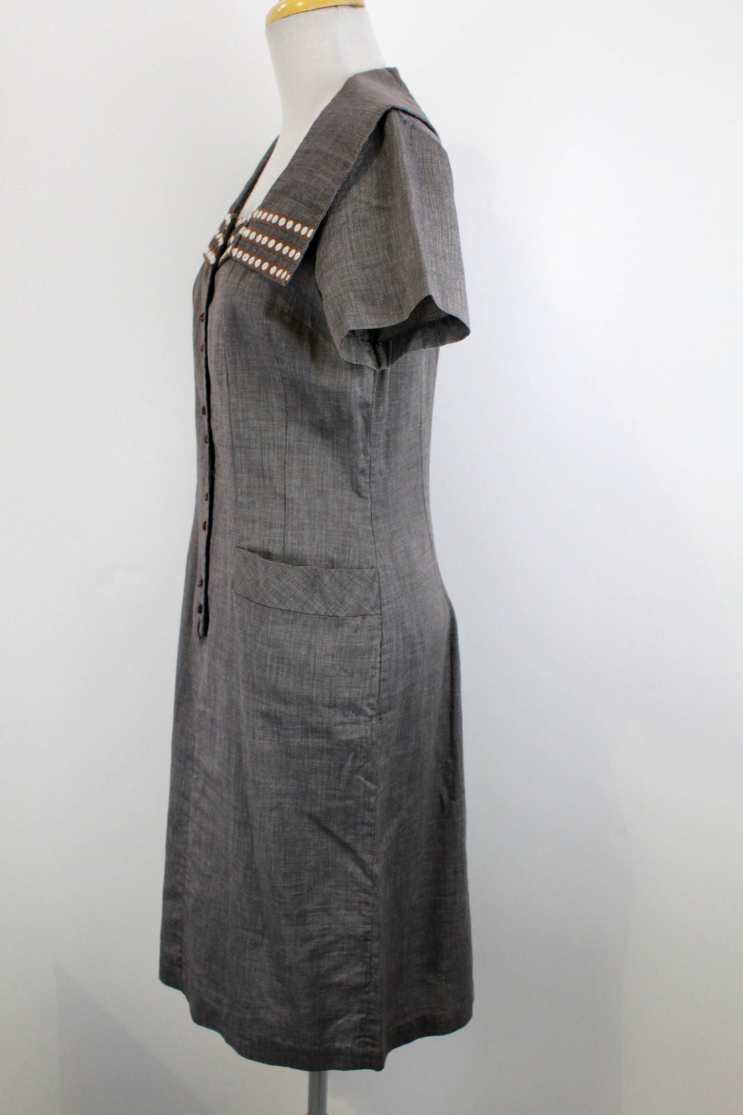 Vintage 1950s Brown Check Shirt Dress with Collar and Burgundy Buttons, Medium