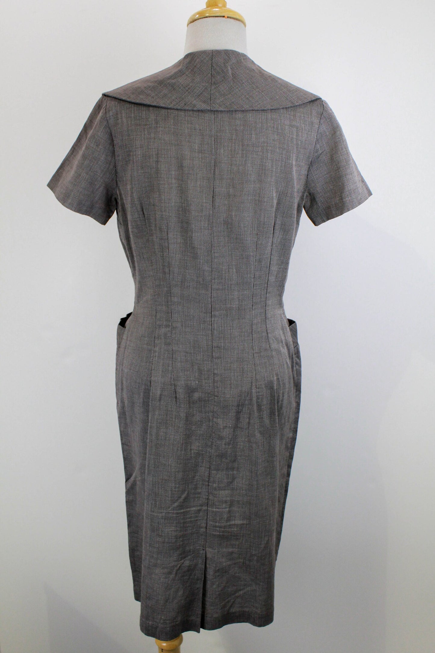 Vintage 1950s Brown Check Shirt Dress with Collar and Burgundy Buttons, Medium