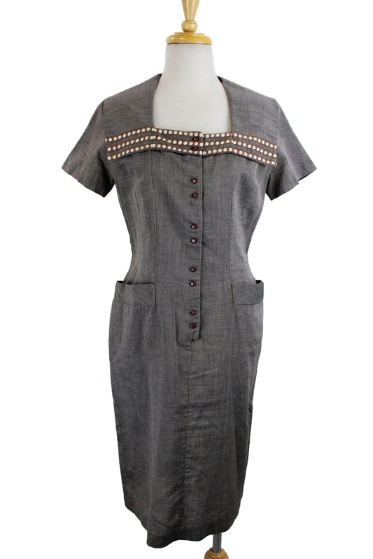 Vintage 1950s Brown Check Shirt Dress with Collar and Burgundy Buttons, Medium