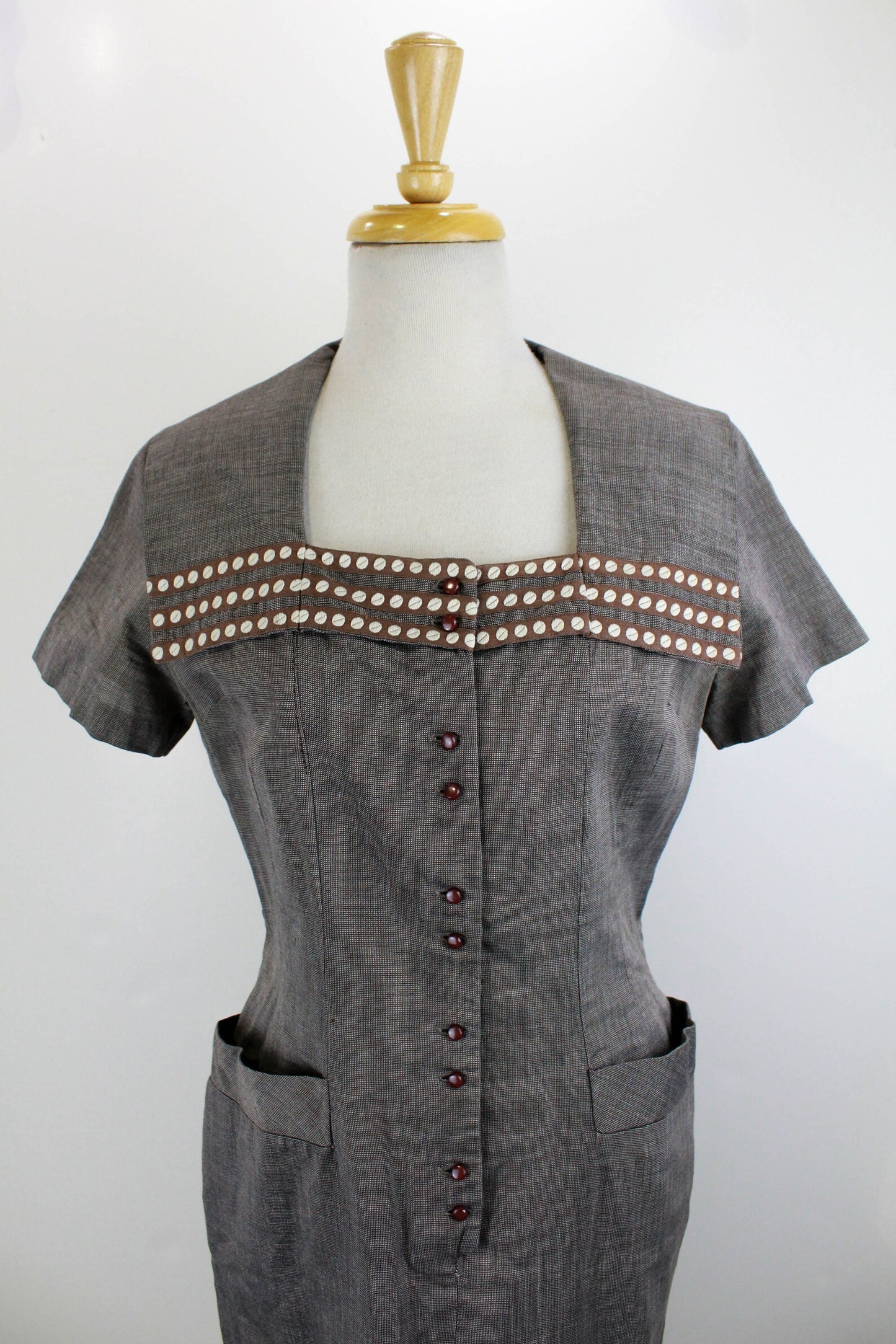 Vintage 1950s Brown Check Shirt Dress with Collar and Burgundy Buttons, Medium