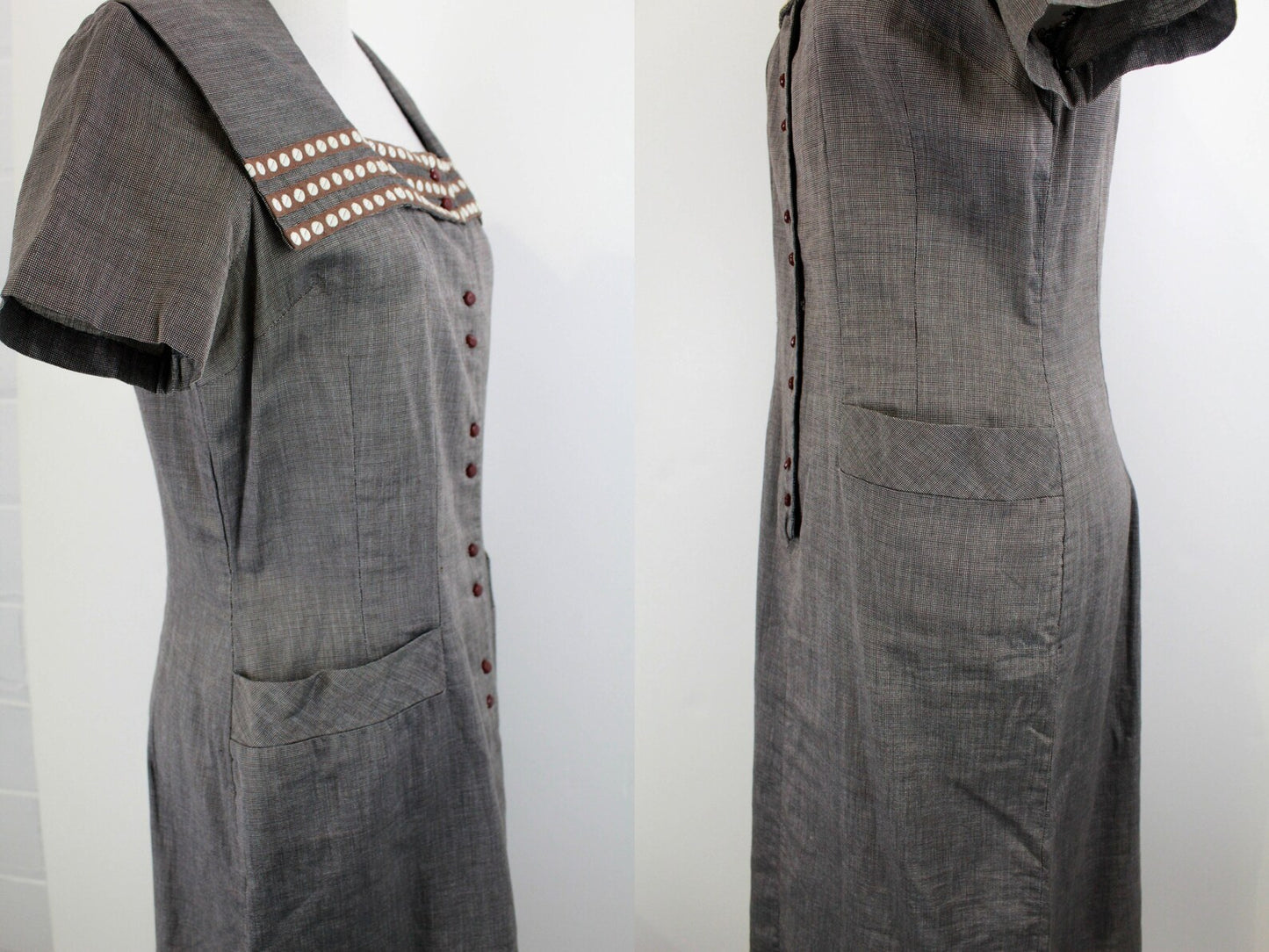 Vintage 1950s Brown Check Shirt Dress with Collar and Burgundy Buttons, Medium