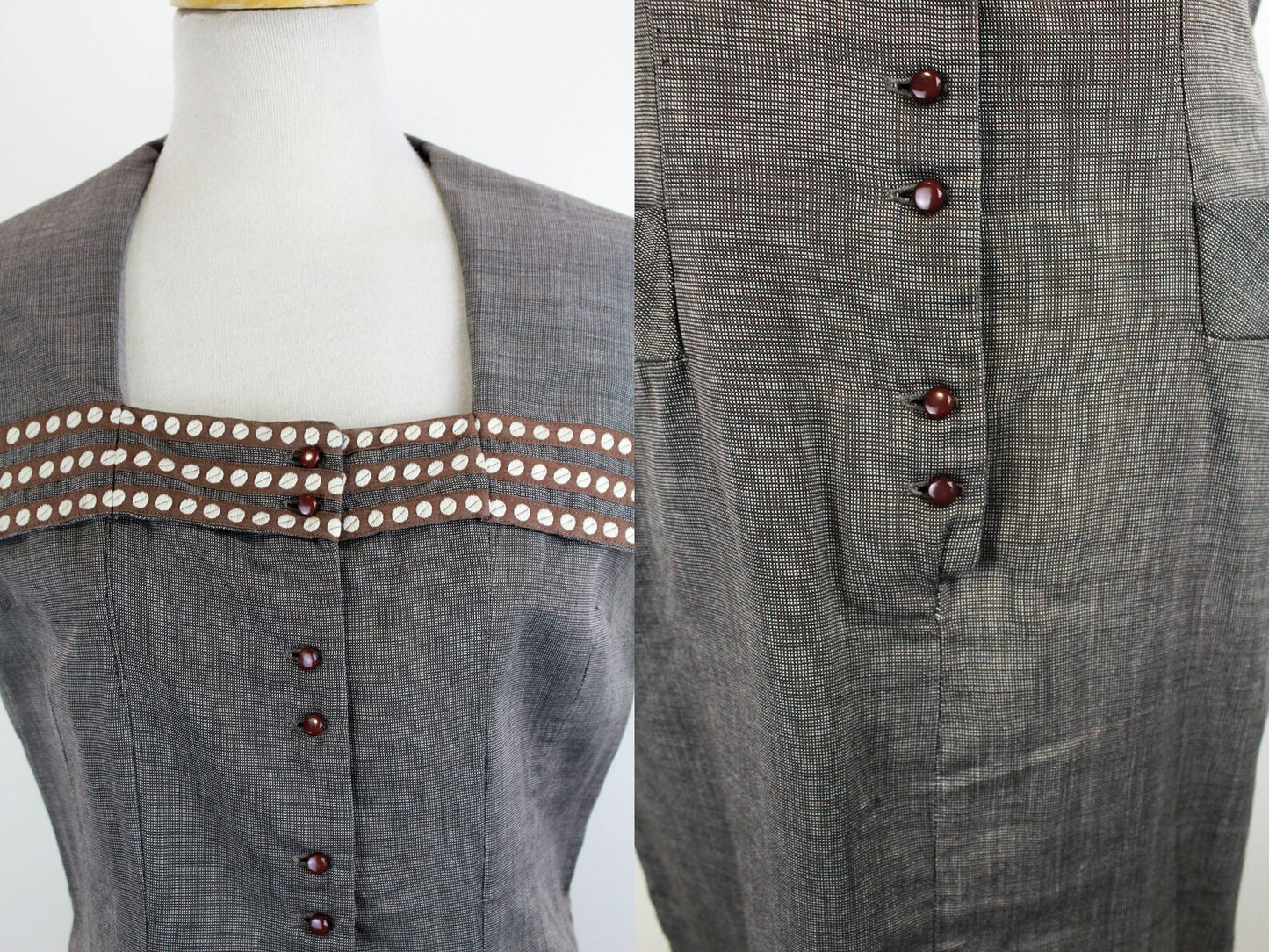 Vintage 1950s Brown Check Shirt Dress with Collar and Burgundy Buttons, Medium