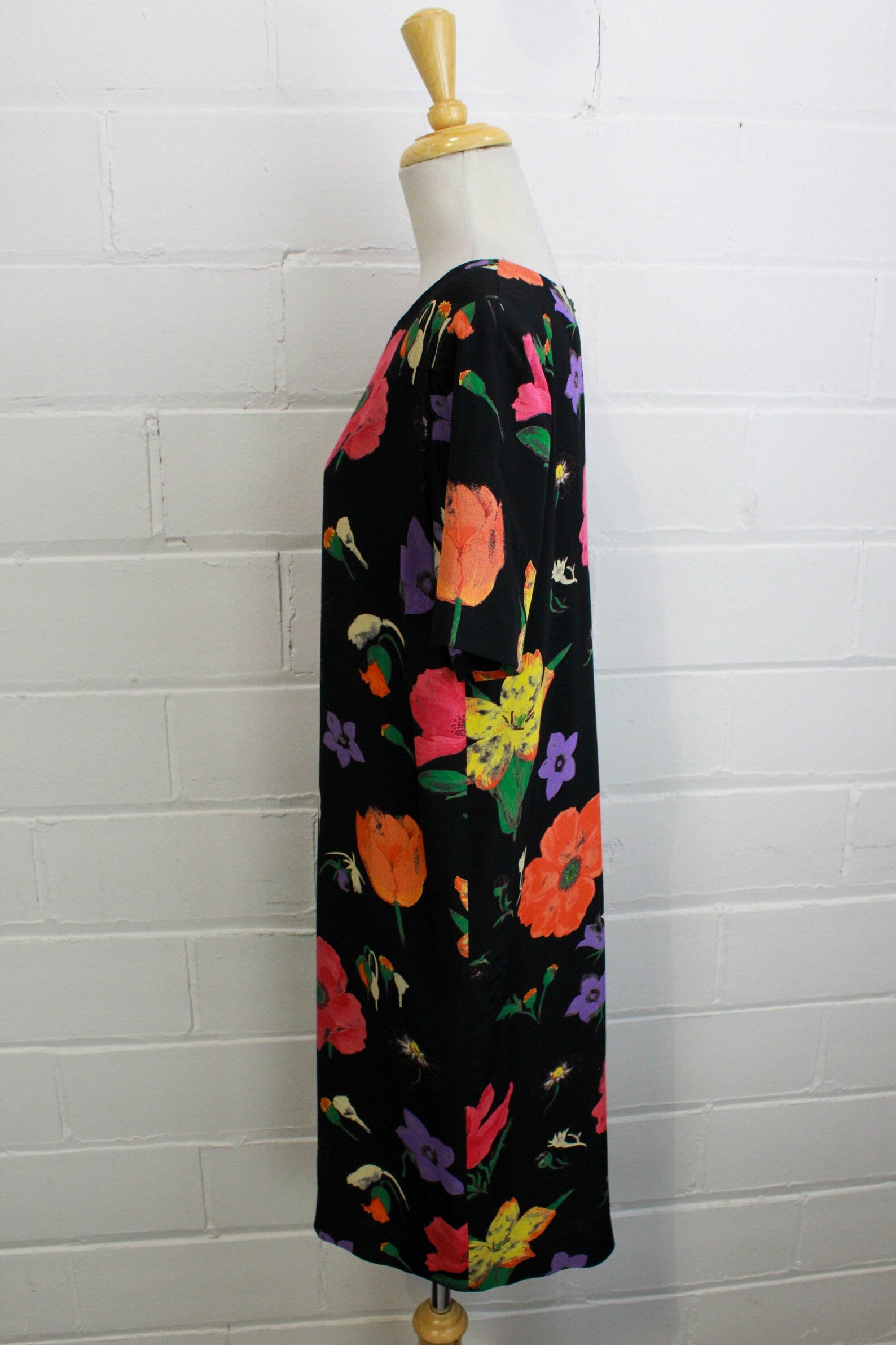 Vintage 1990s Black Floral Rayon Short Sleeve Dress, Medium Vintage 1990s Black Floral Rayon Short Sleeve Dress, Medium