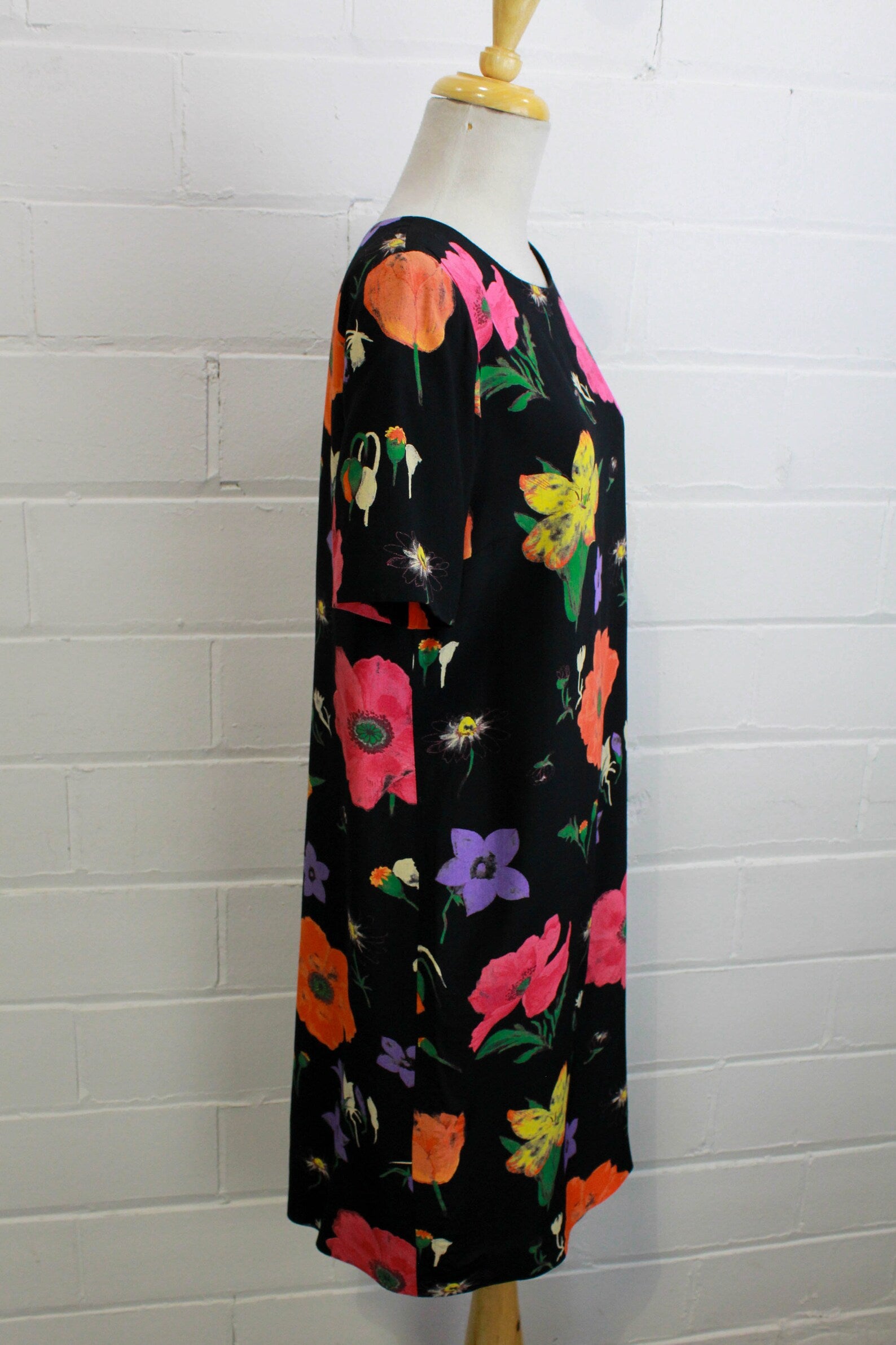 Vintage 1990s Black Floral Rayon Short Sleeve Dress, Medium Vintage 1990s Black Floral Rayon Short Sleeve Dress, Medium