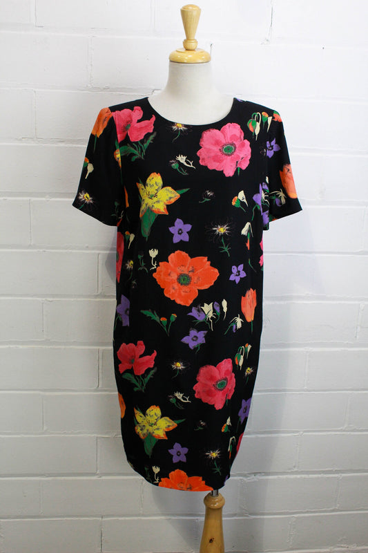 Vintage 1990s Black Floral Rayon Short Sleeve Dress, Medium, Branka Klarige