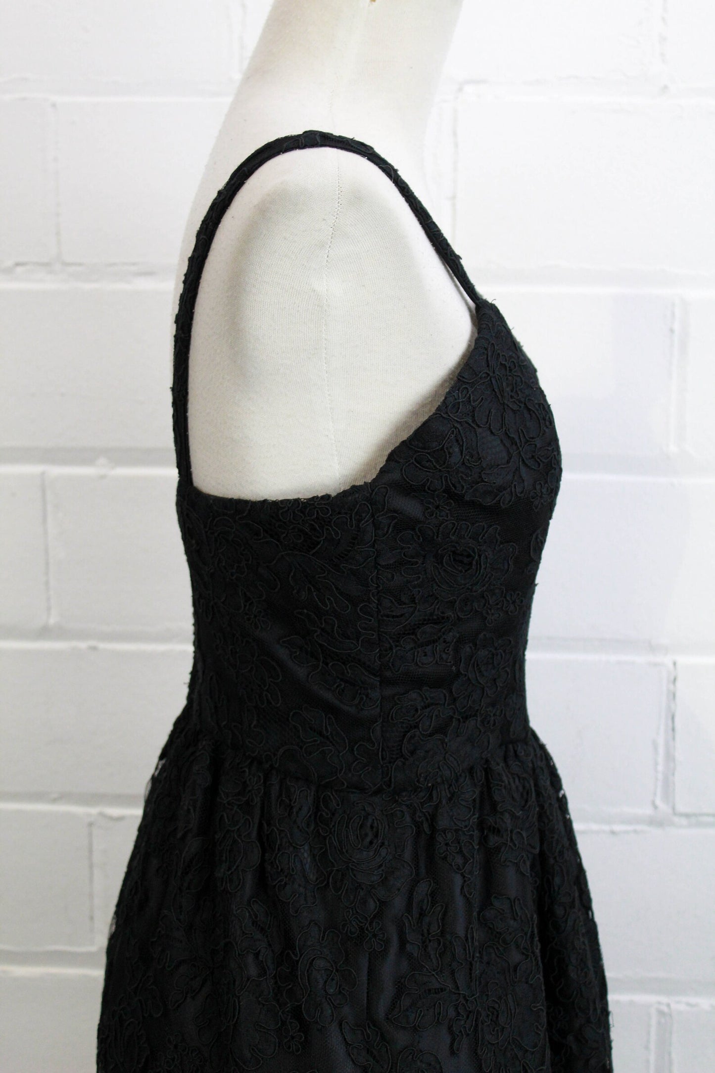 80s Black Lace Cocktail Dress by Catherine Regehr, Small, Vintage Party Dress with Crinoline