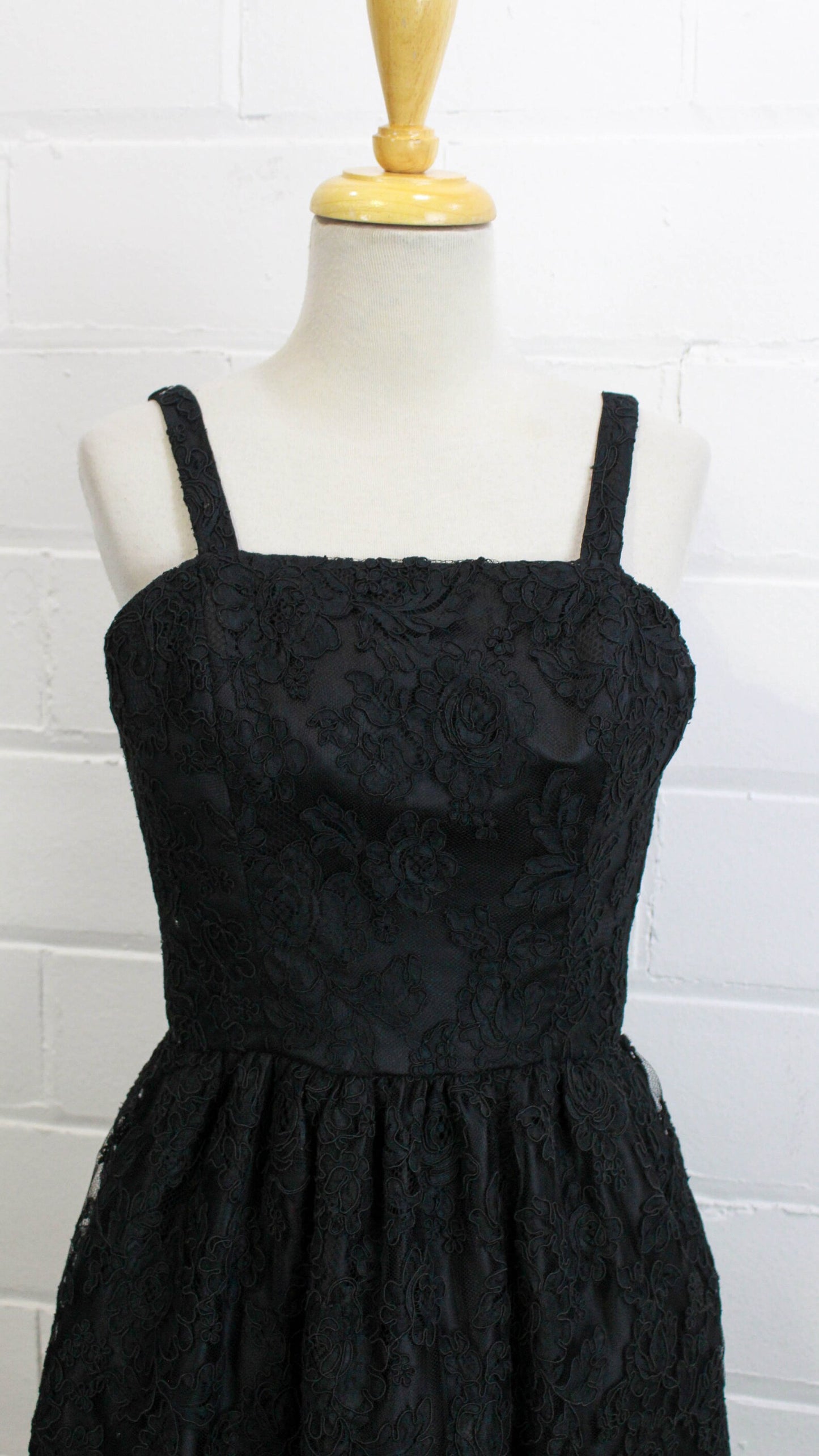 80s Black Lace Cocktail Dress by Catherine Regehr, Small, Vintage Party Dress with Crinoline