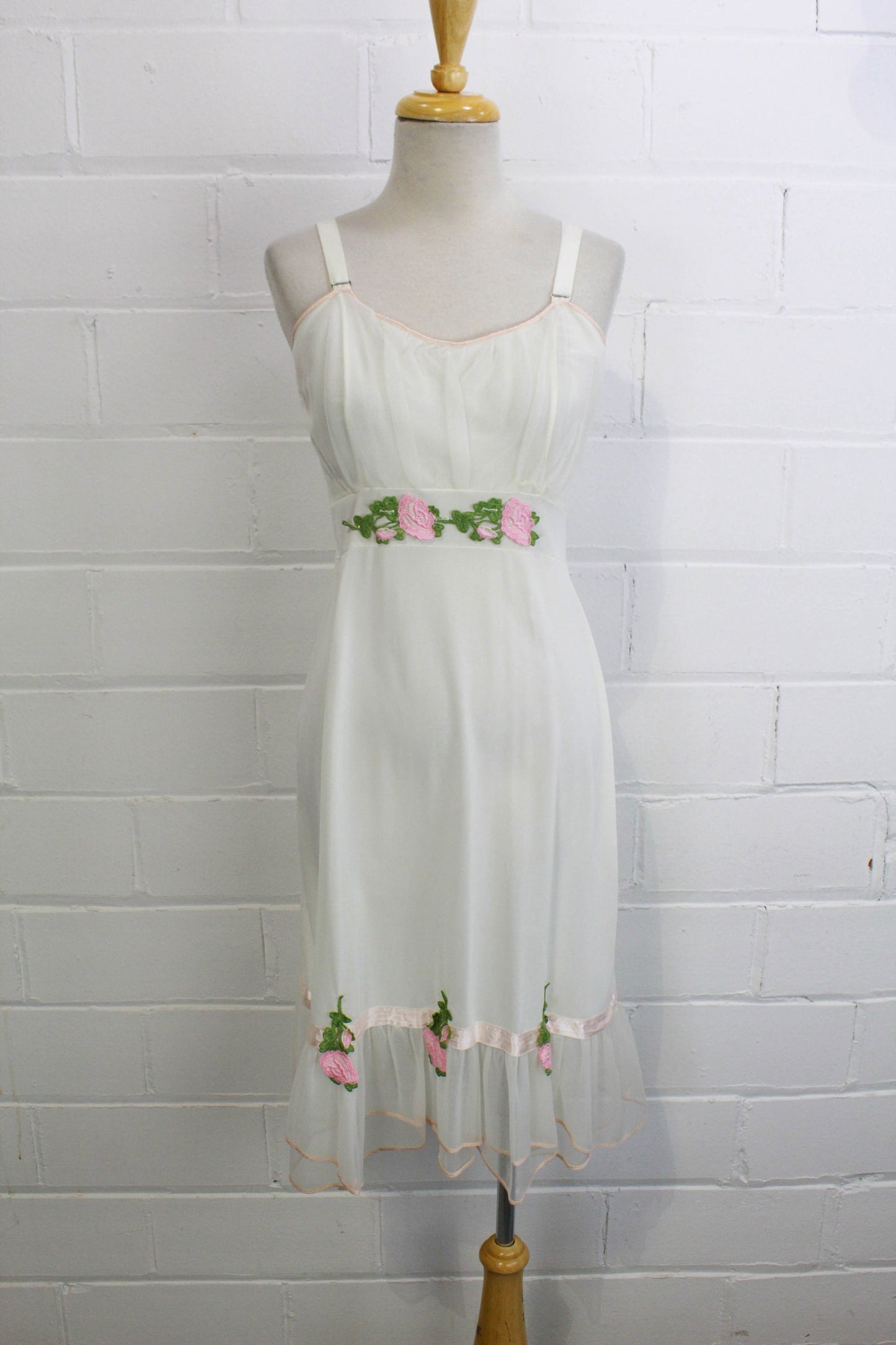 1960s White Nightgown Slip with Rose Appliques, Simone Rocha Jean Paul Gaultier Style Romantic Coquette Aesthetic 