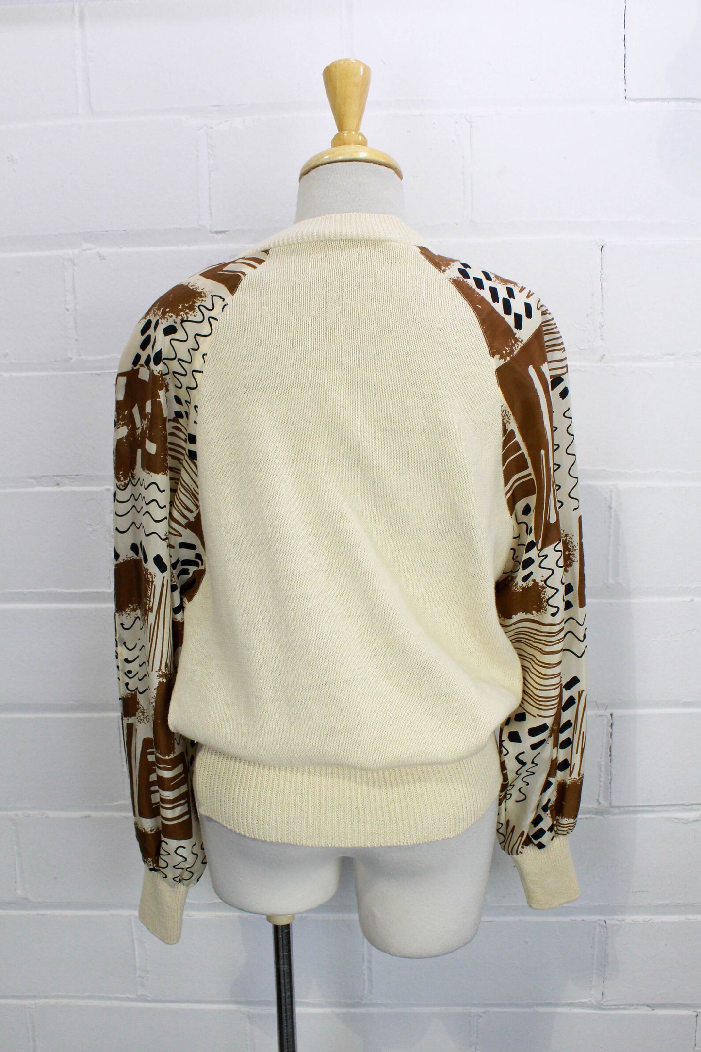 Vintage 1980s Brown & Cream Silk Print Knit Top, M/L