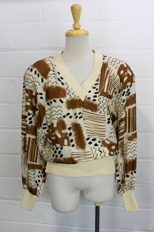 Vintage 1980s Brown & Cream Silk Print Knit Top, M/L