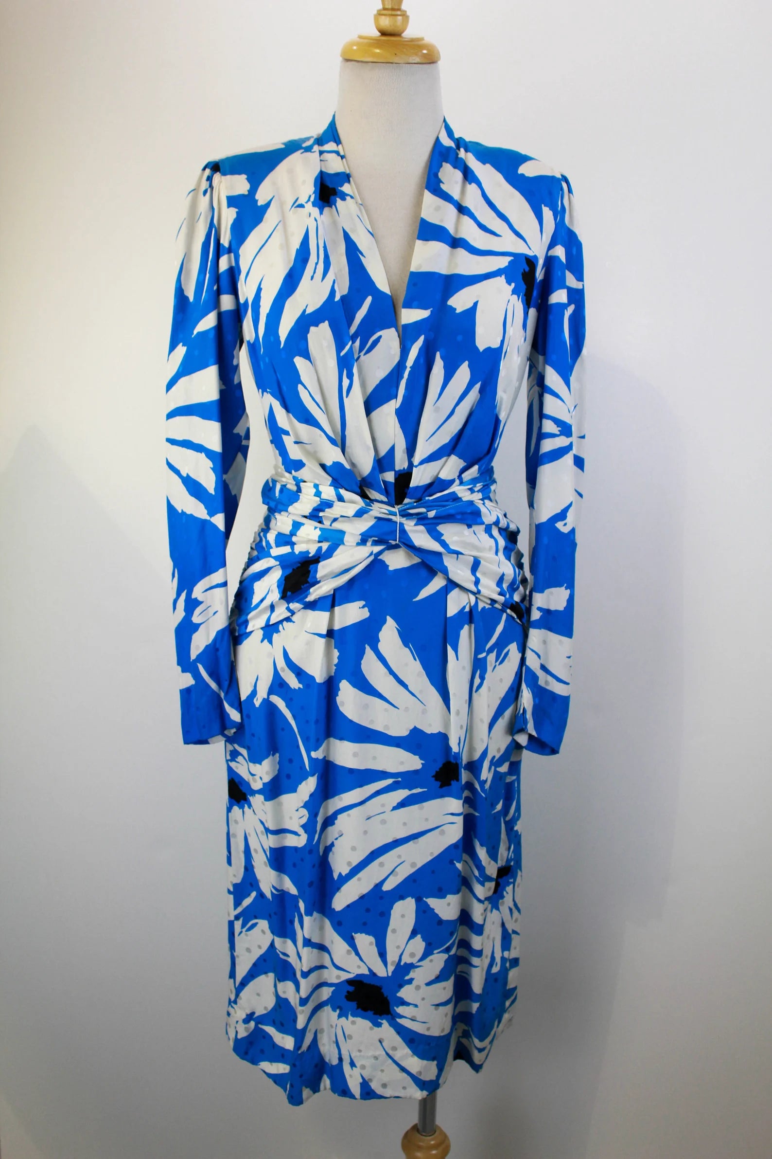 80s Silk Floral Dress, Bright Blue and White Flower Print, Vintage Women's Fitted Silk Dress, Long Sleeves