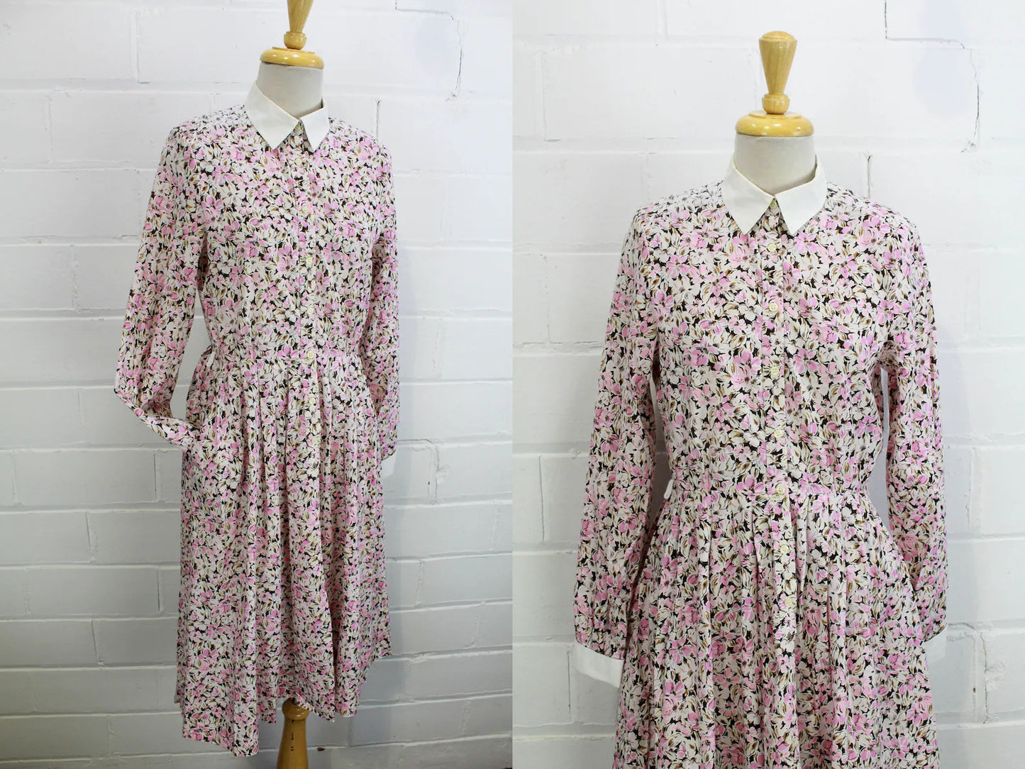 80s does 50s Horrockses Dress, Shirtwaist Dress with Pink Floral Print, Vintage Button Up Collared dress