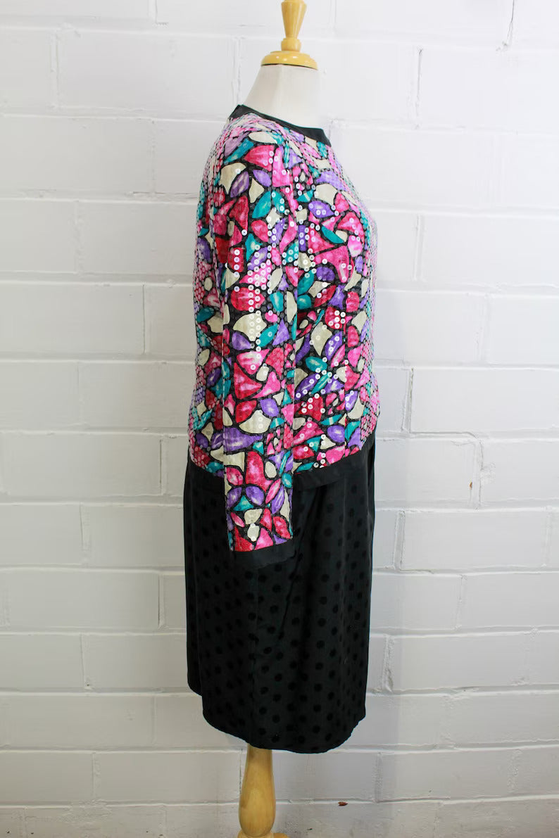 1980s Ann Crimmins Sequin Silk Dress, Medium