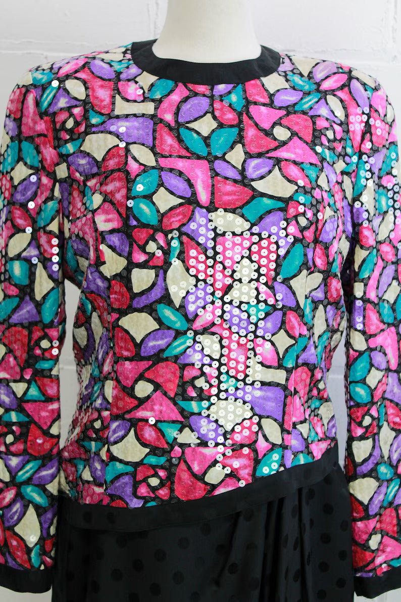 1980s Ann Crimmins Sequin Silk Dress, Medium