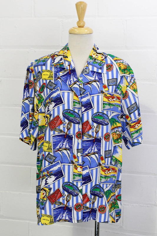 1990s Miami Themed Button Up Tourist  Shirt, Large 
