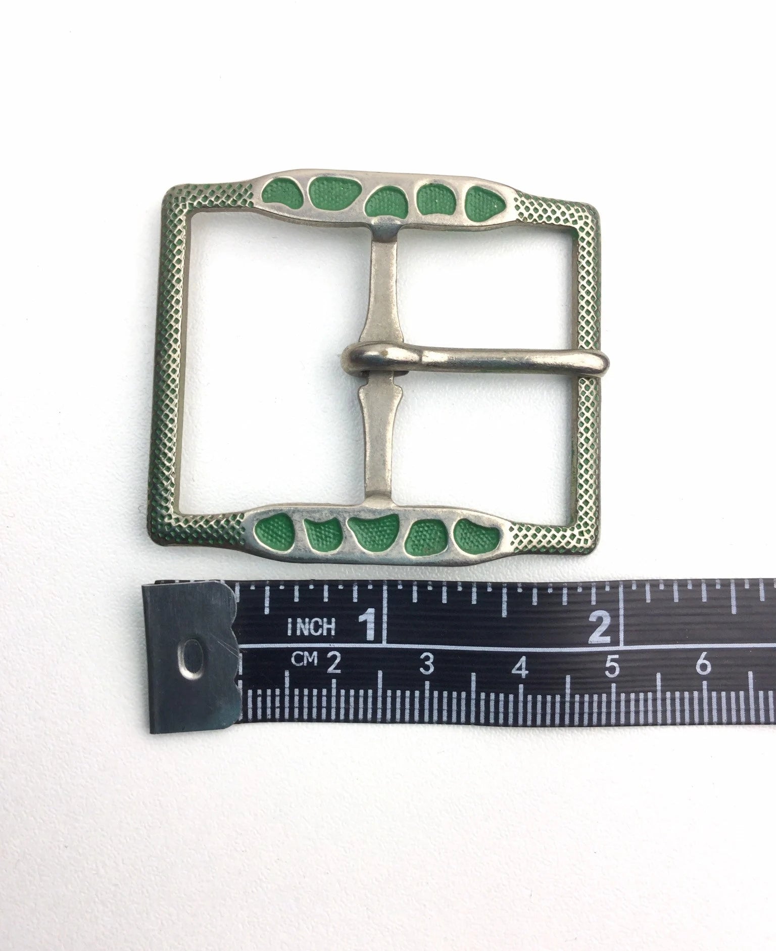 Vintage 1920s Green and Silver 2" Square Engraved Metal Belt Buckle 